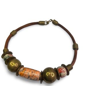 Vintage Handcrafted Leather & Bead Choker Necklace and Bracelet Set, [Small Set]